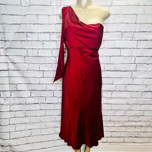 Mac Duggal Womens Deep Red Satin Bow One-Shoulder Midi Dress Size 12